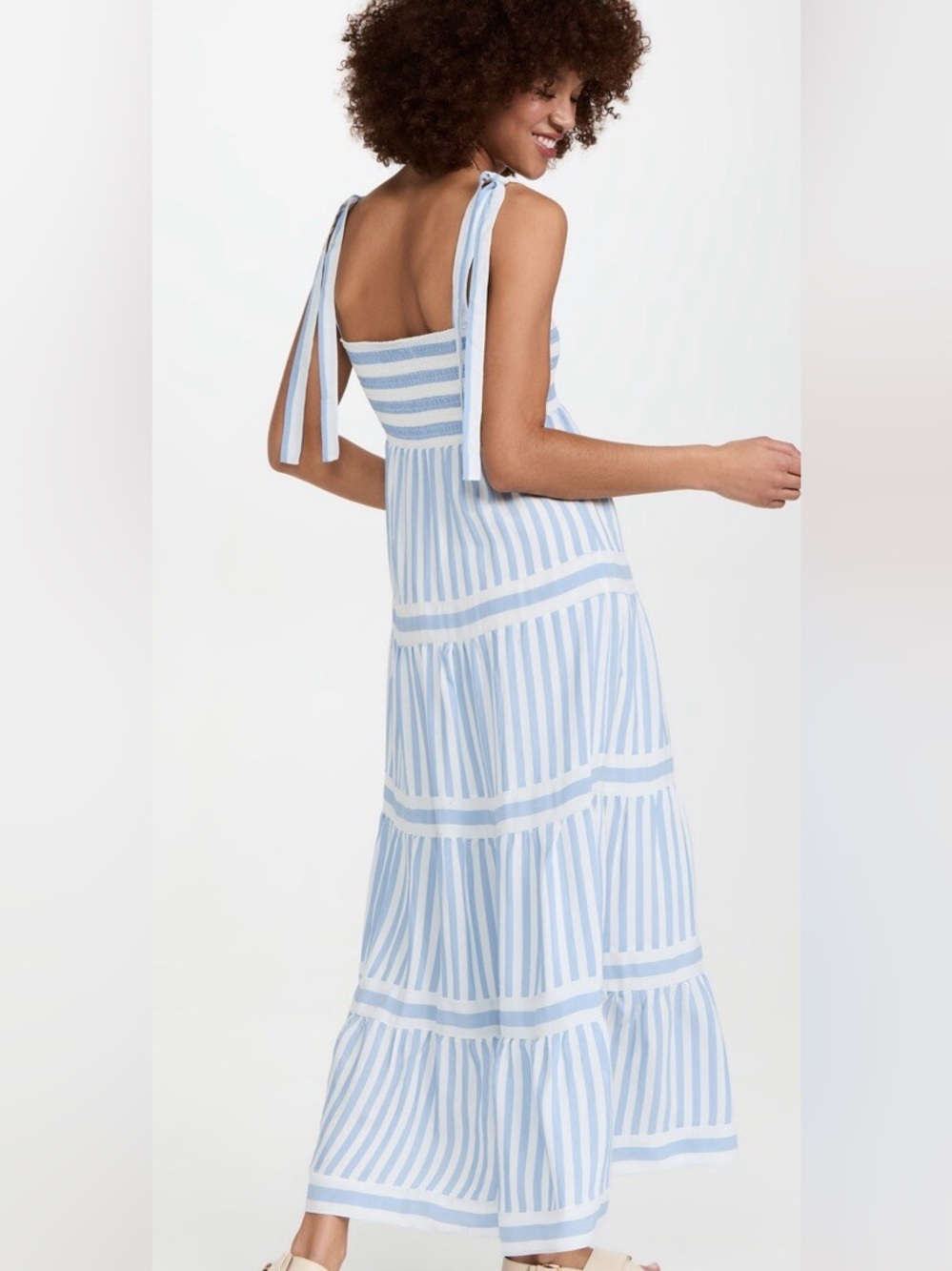 NWOT O.P.T Smocked Tie Strap Tiered Maxi Dress Blue White Stripe Medium